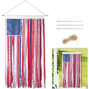 4th of July Decoration Flag - 4.2x2.3Ft Rag American Flag Banner with Flagpole Vintage Patriotic USA Flag Banner Ribbon Hanging American Flags for Indoor Outdoor Home Garden Memorial Day Decor