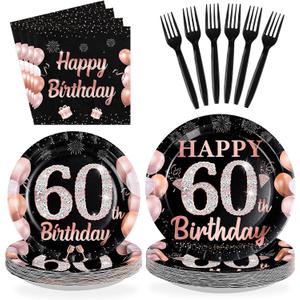 96Pcs 60th Birthday Decorations for Men Women Black and Rose Gold 60th Plates and Napkins Disposable Rose Gold 60 Happy Birthday Tableware Set for Women 60 Years Old Party Supplies, Serves 24