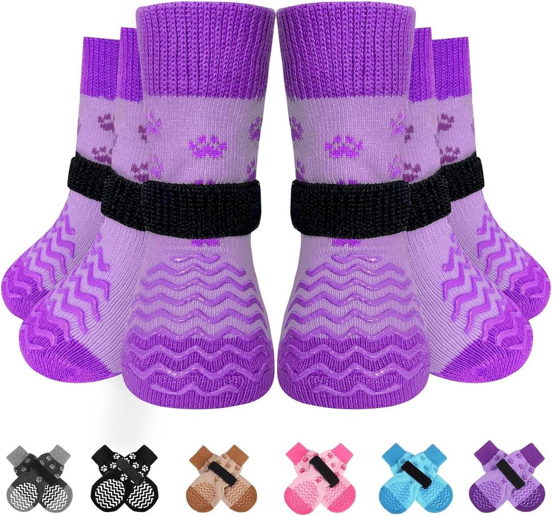 EXPAWLORER 6Pcs Anti Slip Dog Socks to Prevent Licking Paws, Dog Shoes for Winter, Double Sides Dog Boots & Paw Protectors Booties for Hardwood Floors with Grippers Small Medium Large Senior Dogs, M (Purple)