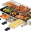 OVENTE 2-in-1 Electric Indoor Grill, 1500W Smokeless Korean BBQ Griddle with Non-Stick Removable Cooking Plate, 3 Raclette Cheese Pans, Adjustable Temperature Control, Dishwasher Safe, Beige BQR1502B