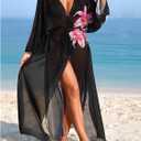 OYOANGLE Women's Swimsuit Cover Up Floral Long Sleeve Sheer Long Kimono Cardigans Beach Coverups (M)