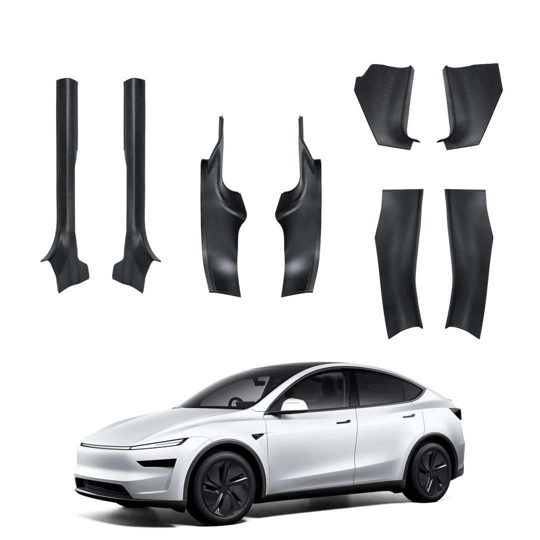 SHINELINERS Door Sill Protector 8-Piece Set for Tesla Model Y Juniper Accessories 2025 2026, Carbon Fiber Pattern ABS Car Door Guard Cover with Tool-Free Magic Hook Backing (Not for Standard)