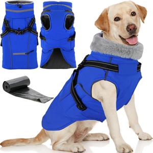 Doglay 2 in 1 Dog Coat with Harness Built-in, Waterproof Dog Winter Jacket with Pocket & Poop Bags, Reflective Adjustable Pet Winter Coat for Small, Medium, Large Dogs - Blue, L