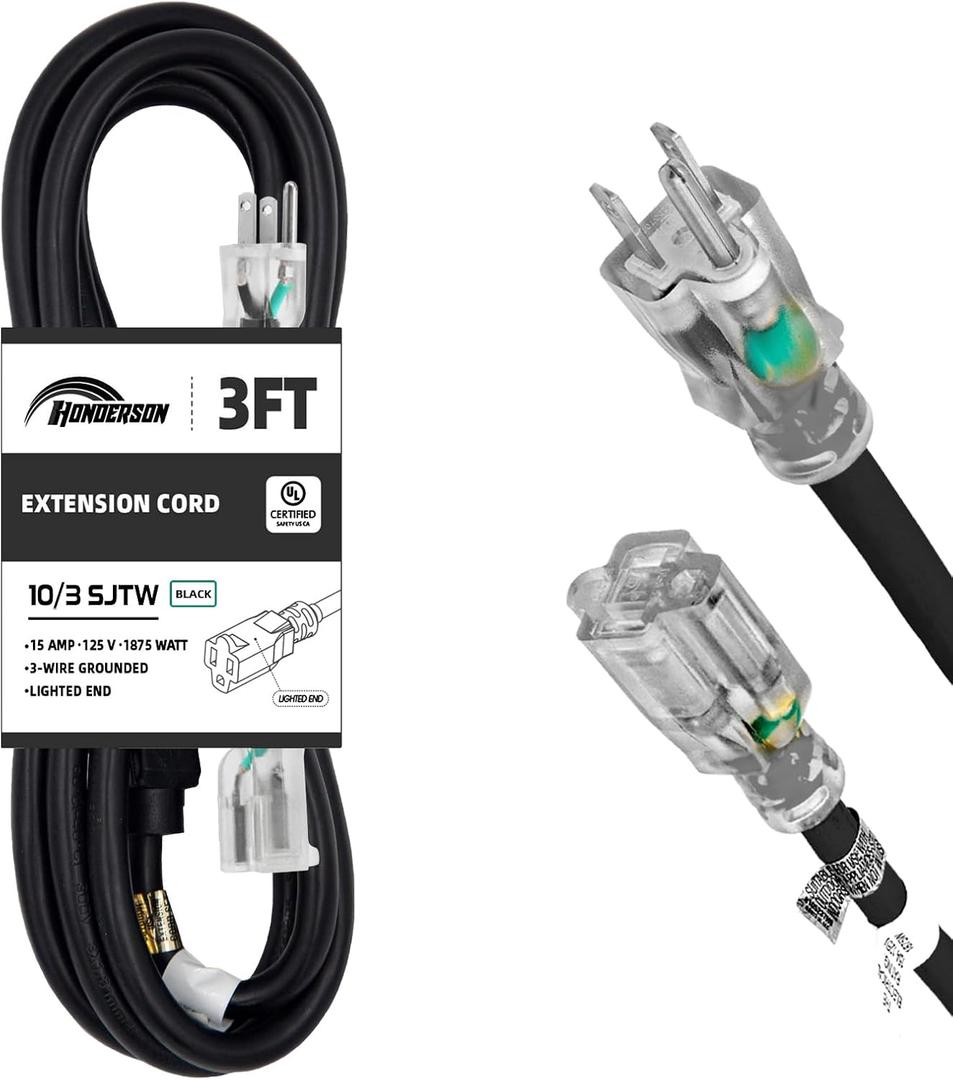 Extension Cord Weatherproof with Lighted End, UL Listed, 10 Gauge 3FT Black 3 Prong Heavy Duty, 10/3 SJTW 15A Power Cord for Lights, Lawn