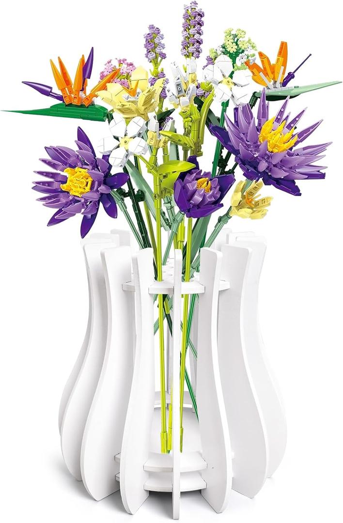 Wooden Vase Kit for Lego Roses Cherry Blossom Sunflower Tulips Daffodils Lotus Cute Flower Vase for Lego Bouquet Arrangement Home Decoration for Women Adults(White)