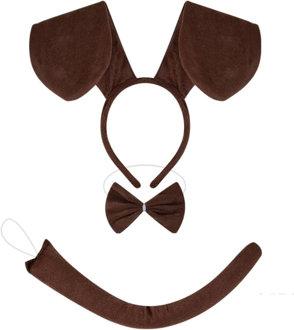 Kirei Sui Dachshund Brown Dog Puppy Headband Bow tie Tail 3-Piece Costume Halloween Dress Up Kit for Kids and Adults