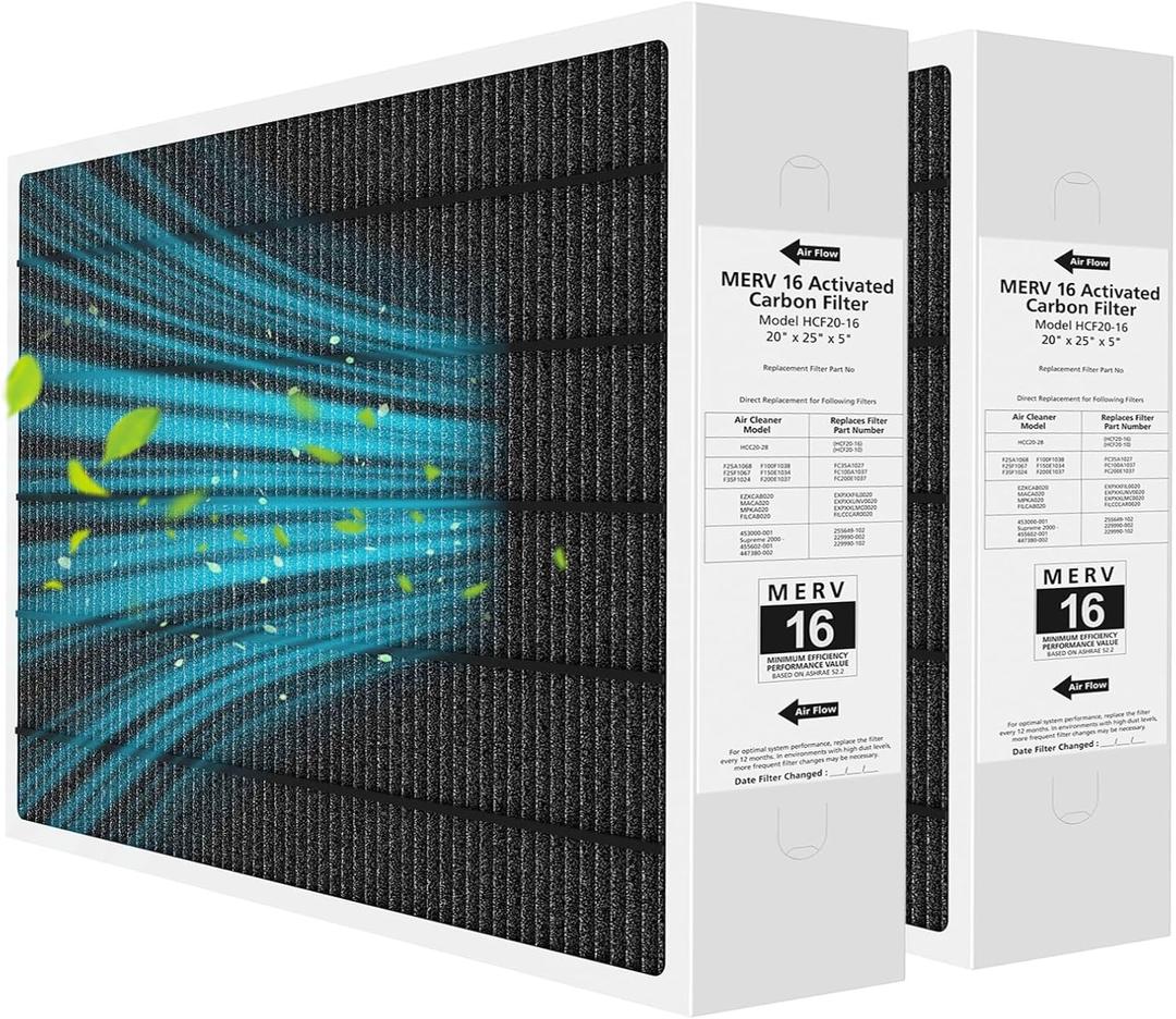 20x25x5 MERV 16 Air Filter Compatible with Lennox HCC20-28 MERV 16 Furnace Filter for HVAC System, Part Number HCF20-16, HCF20-10, 2 Pack