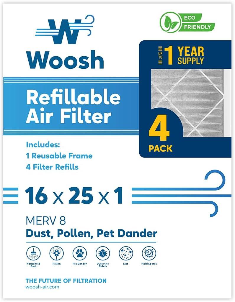 Woosh 16x25x1 Refillable Air Filter MERV 8 Furnace 4-Pack Starter Kit