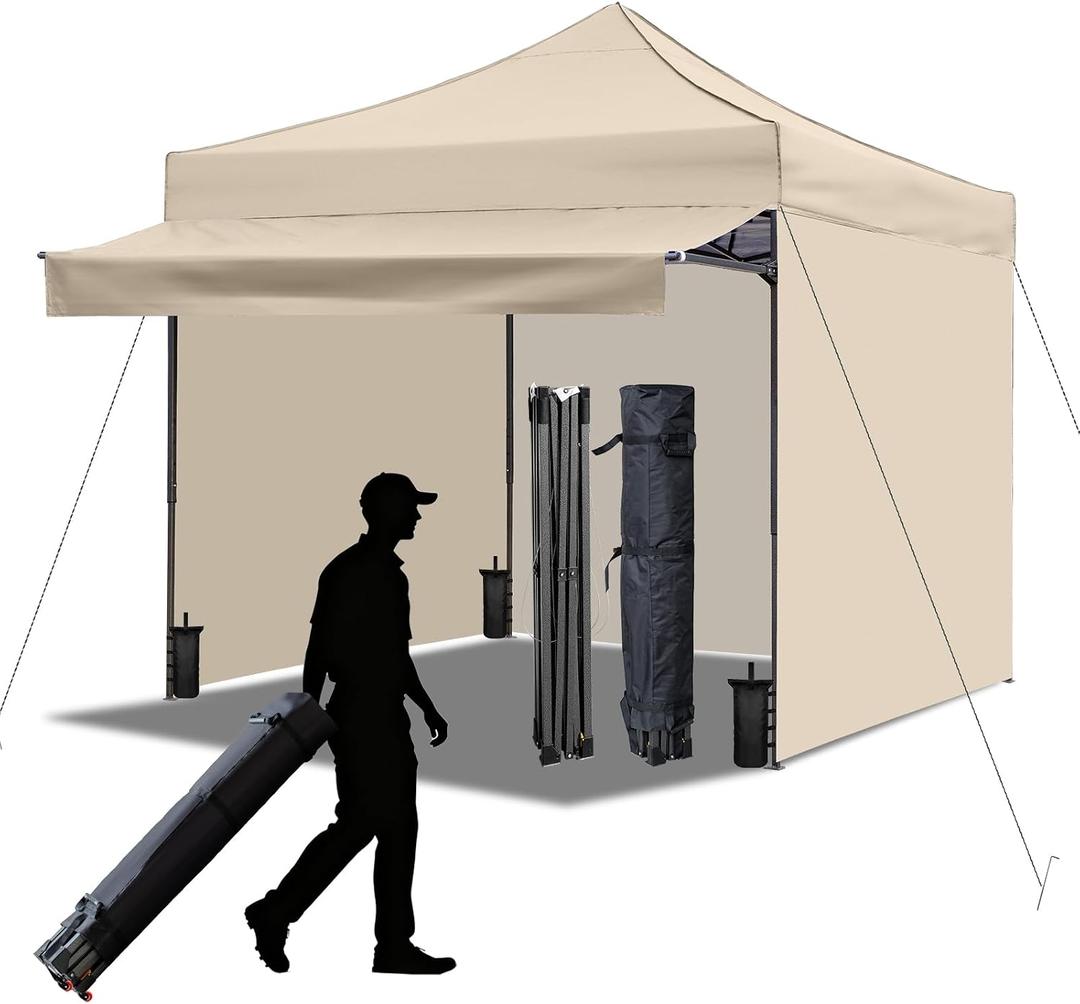 10x10 Durable Pop Up Canopy Tent with Sidewalls, Waterproof Attachable Tent Wall, Privacy Shade for Outdoor Events, Camping, Farmers Market (Khaki with Awning)