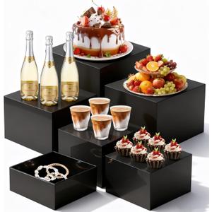 6PCS Buffet Risers, Black Acrylic Food Risers for Buffet Table, Nesting Display Stand with Hollow Bottoms for Party, Catering, Dessert, Jewelry & Collectibles (10" x 10" x 7" to 5" x 5" x 3")