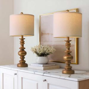 BOBOMOMO 24" Traditional Lamps Set of 2 Antique Gold Bedside Lamps with Linen Shades, Elegant Medium Farmhouse Lamps for Living Room, Bedroom, and Hallway, Ideal for Warm, Cozy Spaces