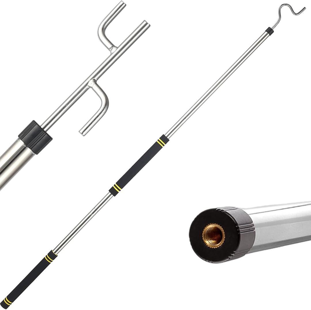 Clothes Hook Pole for Closet,32 to 80In Truck Cargo Recovery Bar Long Handle with 2 Hooks Hanging Birdfeeder and Wind Chime Stainless Steel Tube for Home Outdoor Decorate (Black Yellow)