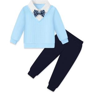 YALLET Toddler Boy Clothes Fake Two Piece Polo Sweatshirt Fall Winter Pullover Top+Bowtie+Pants Outfit Set for Kids(Blue, 3-4T)