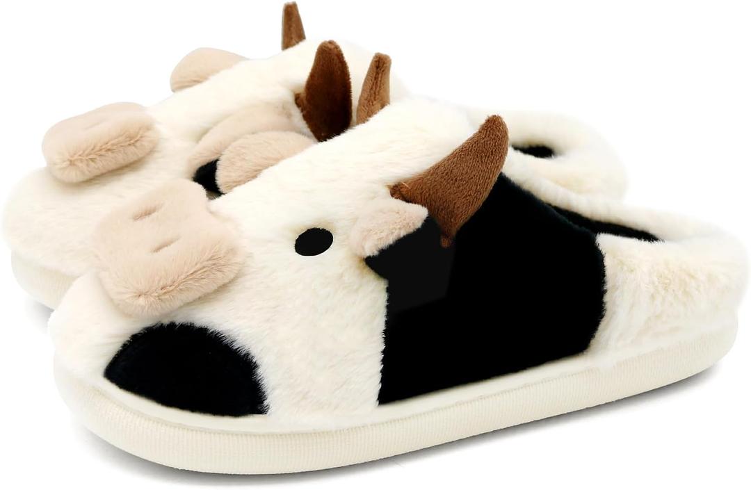 Cute Fuzzy Cow Slippers for Women, Cartoon Plush Warm Cow Slippers for Girls Funny, Novelty and Soft Cotton Slipper, Women's Winter House Shoes Suitable for Indoor Bedroom Dormitory