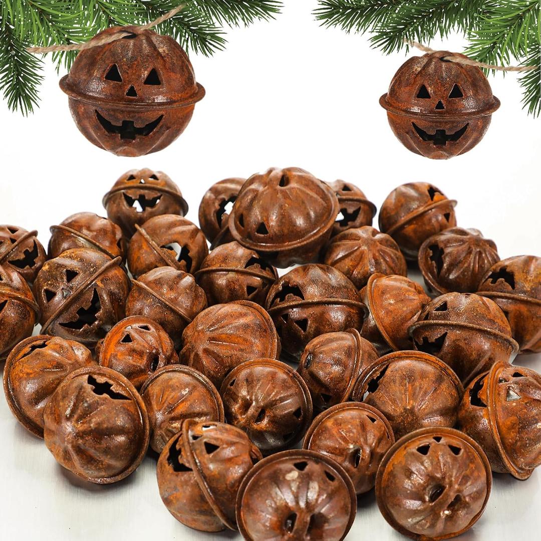 30 Pcs Halloween Pumpkin Rusted Jingle Bells Vintage Rustic Jack-o-Lantern Face Design Rusty Bells for Crafting Halloween Wreath Making Fall DIY Pet Collar Christmas Tree Decor (1.54 Inch)
