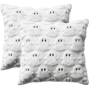 AVOIN colorlife Halloween Ghost White Throw Pillow Cover Set of 2, 16 x 16 Inch Soft Plush Faux Fur Jacquard Spooky Cushion Case Decoration for Sofa Couch