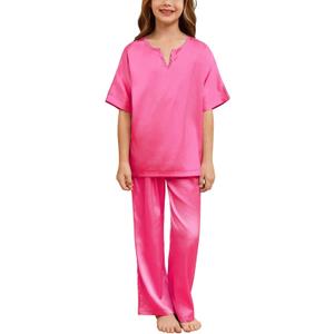QPANCY Girls Silk Pajamas 2 Piece Short Sleeve Pjs Set Kids Satin Pajamas V Neck Shirt with Long Pant Soft Loungewear (8-9 Years, Hot Pink)