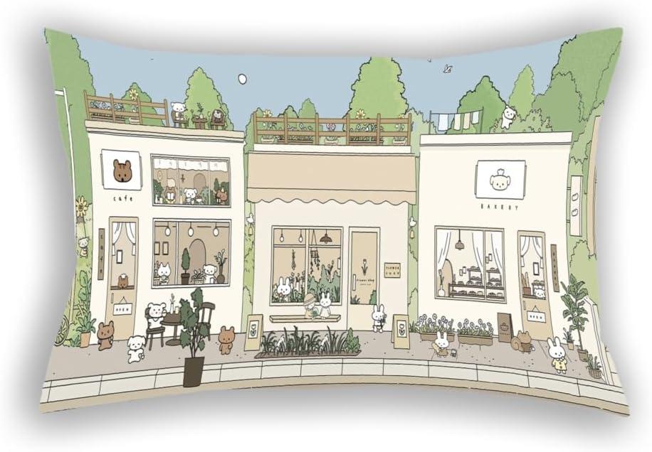 Cute Pillowcases Kawaii Pillowcase, Anime Bunny and Bear Aesthetics Pillow Case,Pastel Beige Brown and Green Cute Pillow Cases,Anime Street Plant Aesthetics Pillow Covers 20"x30" Inches