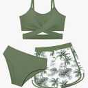 Girls Swimsuit 3 Piece Bathing Suit Criss Cross Bikini Set Girls' Swimwear with Shorts 11-12Y