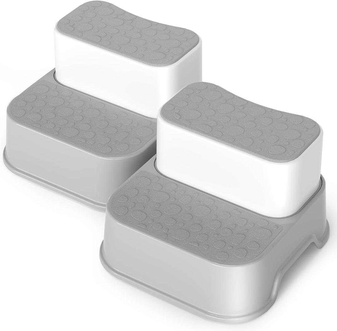 Step Stool for Toddlers, 2-in-1 Kids Step Stool for Bathroom Sink Kitchen Cabinet Bedroom Nursery Room, Non-Slip Sturdy Baby Child Toilet Potty Training Step Stool (2-Pack Grey)