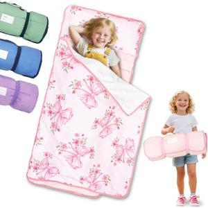 Primlect Lightweight Toddler Nap Mat, Portable Rolled Design Perfect for Daycare Travel, 51x31 All-in-One Sleeping Bag with Removable Pillow and Fleece Blanket for Boys Girls, Machine Washable (Pink Bow)