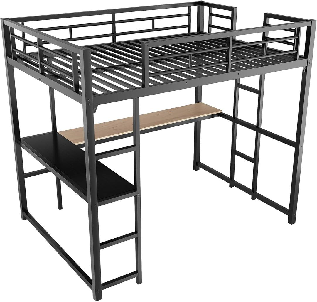 Full Size Loft Bed with Desk and Shelves, Metal Loft Bed with Ladder and Guardrails, Loft Bed Frame for Bedroom, Black
