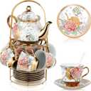 Zhehao 20 Pcs Porcelain Tea Set with Metal Holder and Spoon Adult Ceramic Tea Set European Flower Painting Teapot Cup Saucer Spoon for Women, Large Version (Fresh Style)