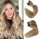 Hair Extensions Real Human Hair, Clip in Human Hair Extensions Light Blonde and Golden 18Inch Remy Hair Extensions Highlights Clip on Extensions 7 Pieces 70Gram