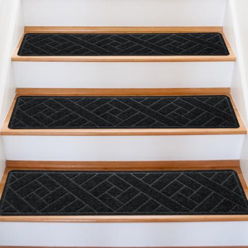 OXKVPVF 15 Pack 8 "X 30" Non-Slip Carpet Stair Treads for Indoor Wooden Steps, Made of Polyester and Reusable Adhesive, Suitable for Kids Elders and Pets（Black Lines）