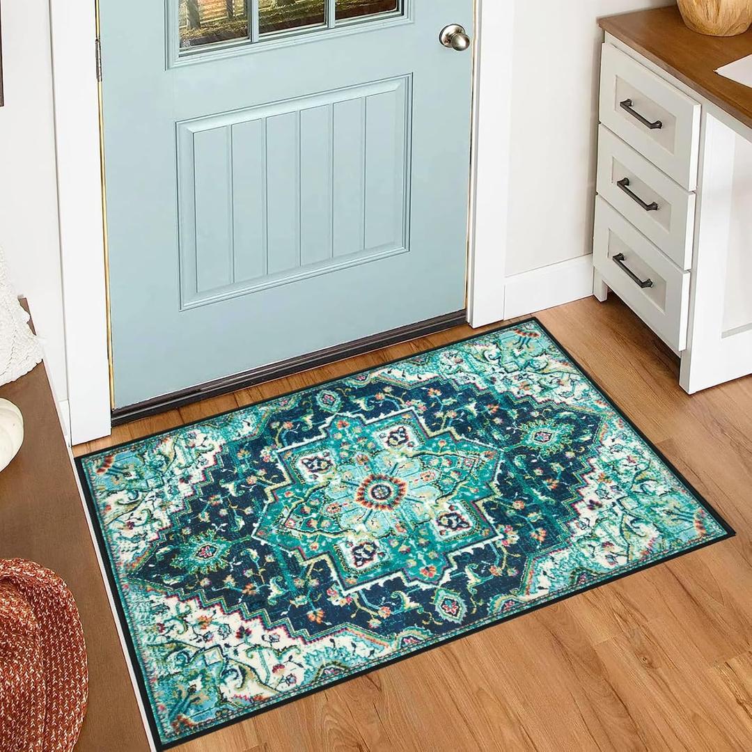 Area Rug 2x3 Washable Living Room Rug, Vintage Soft Boho Non-Slip/Non-Shedding Print Floor Carpet for Dining Room, Bedroom-Green