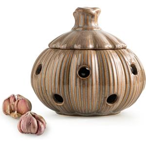 Ceramic Garlic Keeper with Lid and Holes Garlic Saver and Storage Framhouse Decor Keep Gralic Cloves Dry and Fresh, Grey