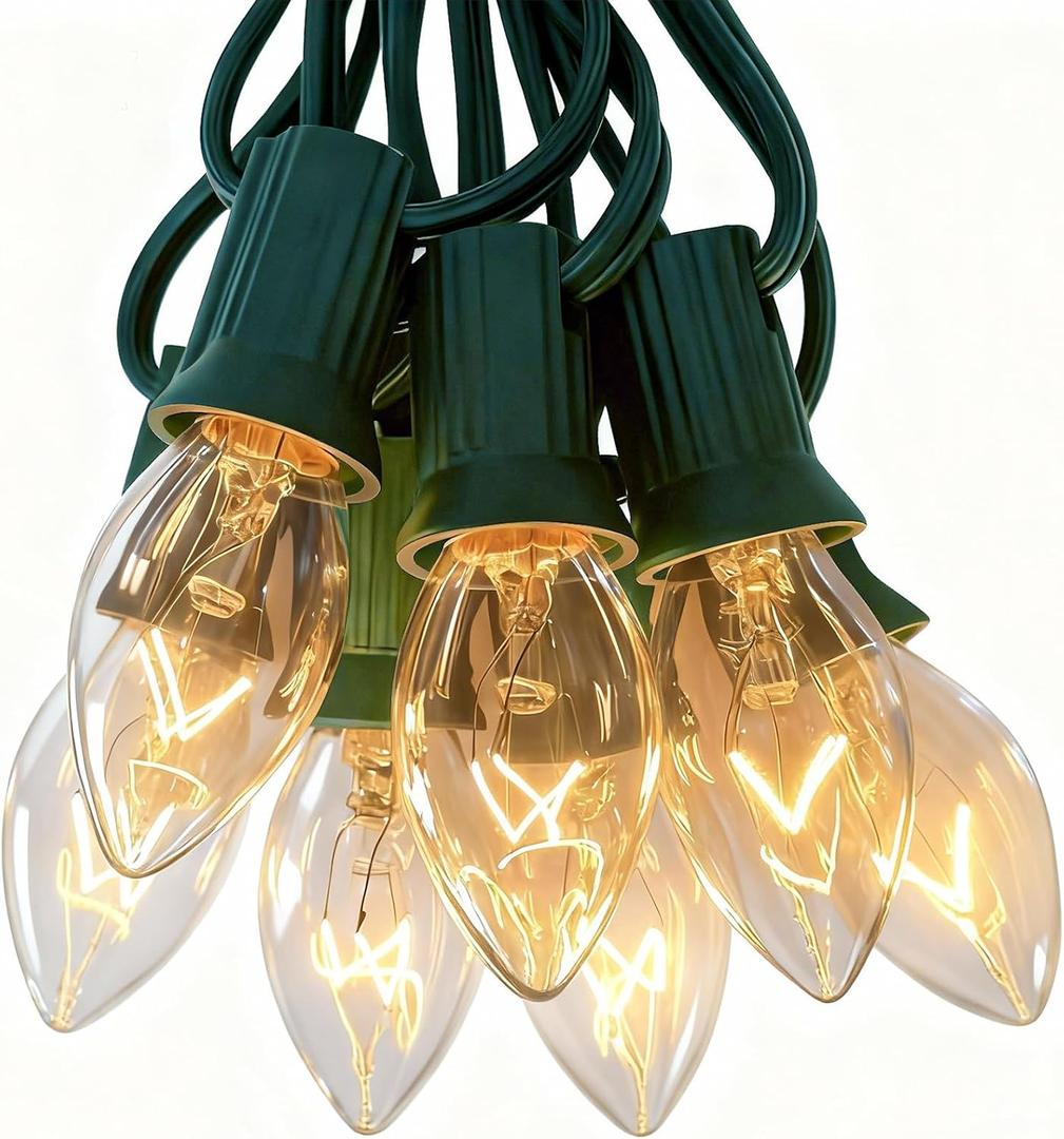 C7 Clear Christmas Lights 25FT, C7 Outdoor Patio String Lights with 27 Warm White Bulbs, Vintage Christmas Tree Lights for Roofline Roof Party Garden Decoration (Green Wire)