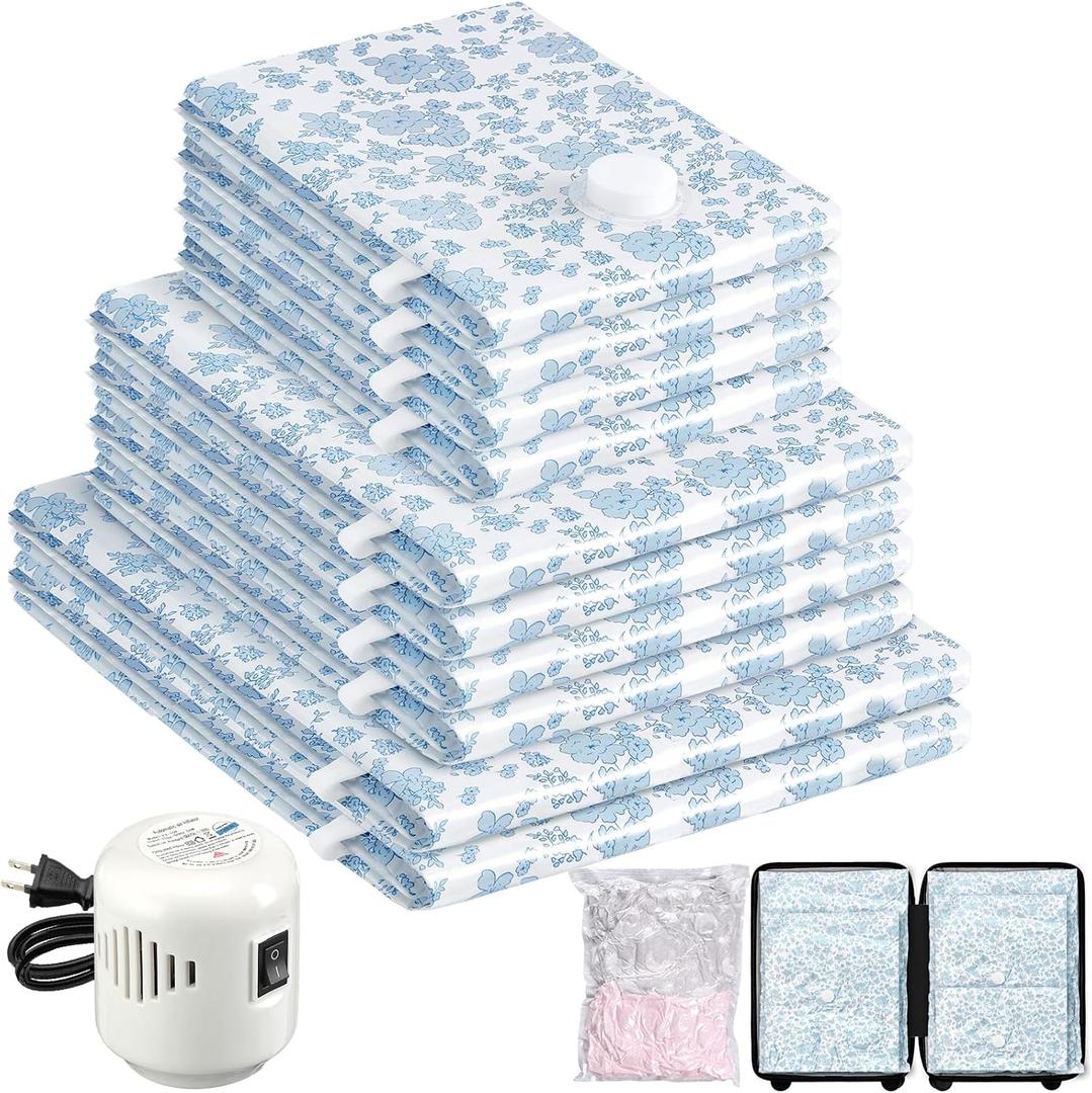 10 Pack Travel Vacuum Storage Bags with Electric Pump, 2 Large + 4 Medium + 4 Small Vacuum Sealer Bags, 80% Space Saver Bags for Luggage, Comforters and Blankets, Travel Essentials(Blue Flowers)
