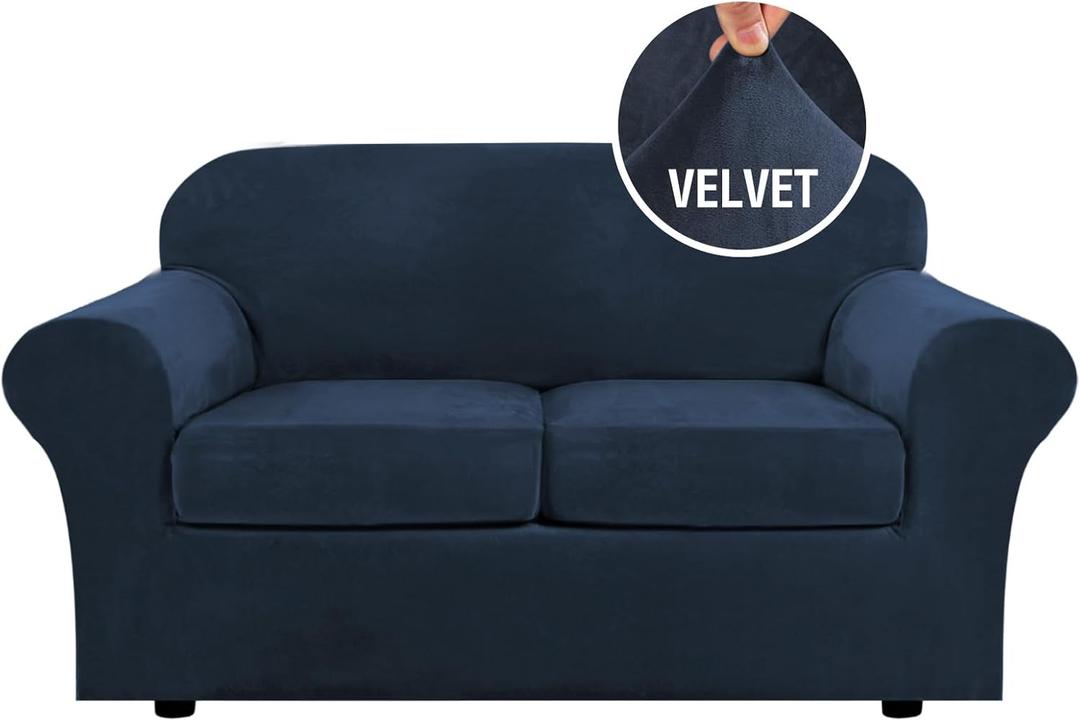 H.VERSAILTEX Real Velvet Plush 3 Piece Stretch Sofa Covers Couch Covers for 2 Cushion Couch Loveseat Covers Width Up to 72 Inch Feature Thick Soft Stay in Place (Medium Sofa, Navy)