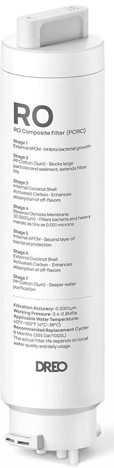DREO 1-Pack Reverse Osmosis Filter, Replacement for DREO RO Water Filter 112 & 113 & 114 & 115, Removes 99.99% of Contaminants including PFOA, PFOS, Chlorine, 6-12 Month per Cartridge, SGS Tested