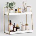 Forbena Bathroom Organizer Countertop, Counter Organizer for Bathroom Decor, Wooden Sink Shelf for Vanity Storage, Makeup Tray for Perfume Skincare Bedroom Kitchen Corner (2 Tier, White and Gold)