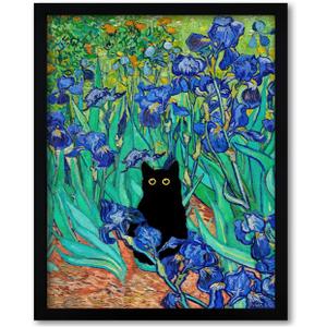 Krtoni Framed Van Gogh Irises Canvas Wall Art, Famous Oil Paintings Garden Flower Black Cat Wall Decor, Impressionism Funny Vintage Print Artwork For Farmhouse Gallery Bathroom 10''L x 8''W