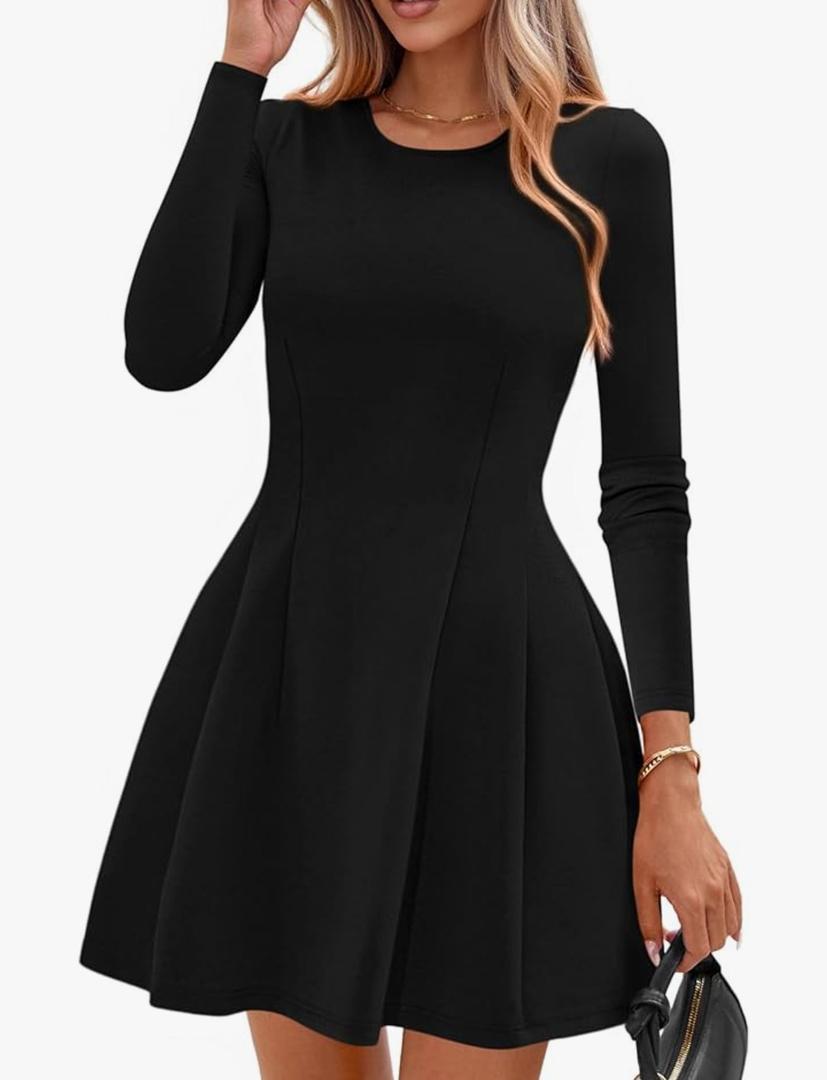 PRETTYGARDEN Long Sleeve Mini Dress for Women 2026 Spring Crewneck Knit Pleated Babydoll A Line Casual Short Party Dresses S