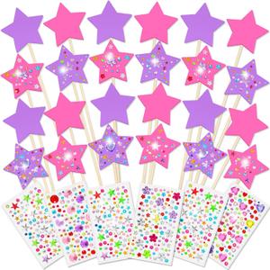 Juexica 24 Pcs Princess Fairy Wand Kit Includes 24 Make Your Own Princess Wand 2 Styles Unfinished Wooden Fairy Wand and 6 Gem Stickers for Girls DIY Magical Crafts