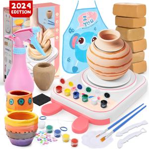 Skirfy Pottery Wheel for Kids Art Crafts Kits for Kids Ages 6-8 9-12 Clay Sculpting Tools & Painting Kit,Birthday Thanksgiving Christmas Gift Girls Toys 8-10,DIY Kits Clay Maker for Beginners (Pink Bunny)