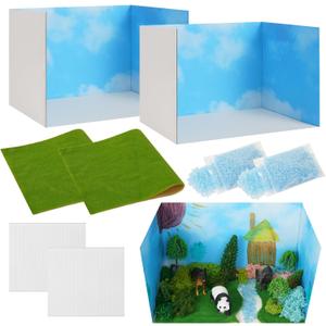 Ecmln 8 Pcs Cardboard Diorama Kit Includes Diorama Box for Display Artificial Grass with Double-Sided Tapes Blue Sand Ideals for DIY Crafts