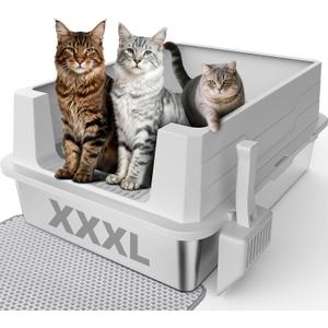 Stainless Steel Litter Box Extra Large for Big Cats Multi-Cats, Jumbo Extra Large Metal Cat Litter Box with High Sided Lid, Anti-Urine Leakage, Non-Stick,Include Litter Scoop