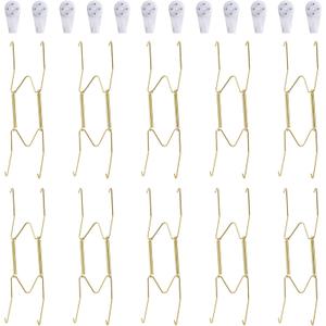 10-Piece Brass Plate Wall Hangers, 8 Inch Invisible Decorative Plate Holders, Comes with 12-Piece Wall Hooks (Gold)