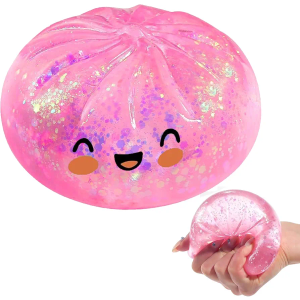 Dumpling Squishes Stress Balls with Steamer, Cute Anxiety Relief Toy, Soft Squeeze Decompression Dough for Adults, Simulation Food Squishies Bun (Pink)