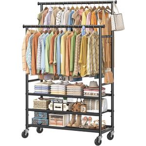 Ekisemio Double Rods Clothes Rack for Hanging Clothes, Rolling Clothing Rack with Wheels, 3-Tier Hanging Rack with Mesh Shelves, Holds 300 LBS for Bedroom, Laundry, Living Room, Black