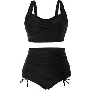 Hanna Nikole Women's Plus Size Twist High Waist V Neck Bikini Sets Ruched Tummy Control Bathing Suit Black 14W