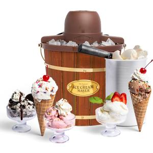 Nostalgia Electric Ice Cream Maker - Old Fashioned Soft Serve Ice Cream Machine Makes Frozen Yogurt or Gelato in Minutes - Fun Kitchen Appliance - Vintage Wooden Style - Dark Wood - 4 Quart