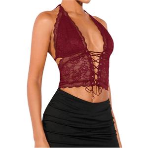 SOLY HUX Women's Sexy Lace Sheer Corset Top Halter Neck Tie Up Backless Crop Tops Party Rave Outfits (Medium)
