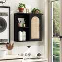 RUSTOWN Boho Rattan Bathroom Wall Cabinet with Sliding Door, Black