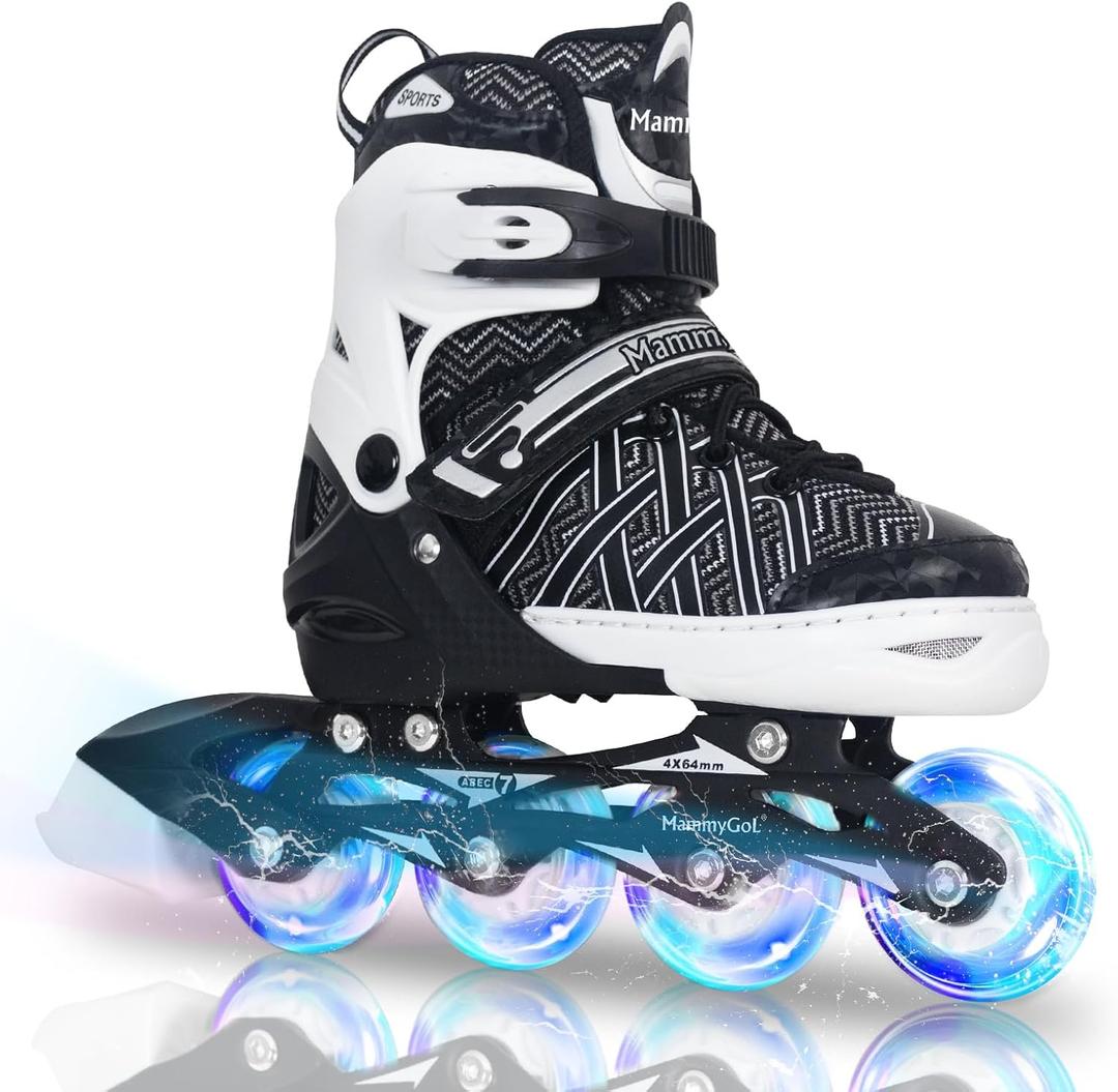 MammyGol Kids Inline Skates Boy or Girls Adjustable Skates with Illuminating Wheels Roller Skates for Beginners (Medium - Big Kid (1-4 US), Black)